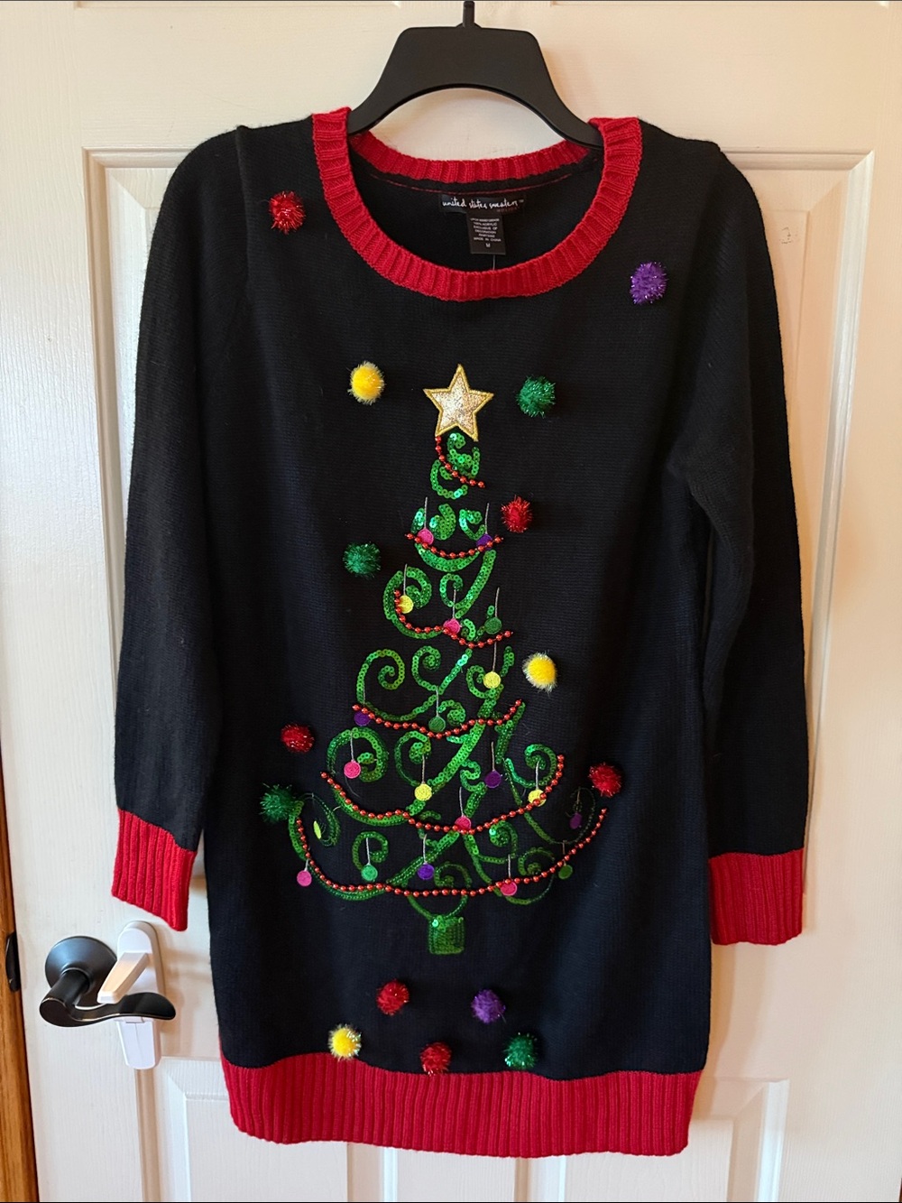 united states sweaters Black Crewneck Christmas Tree Sweater with Red Trim